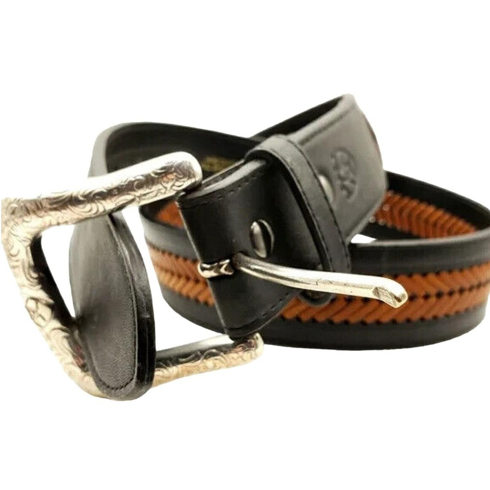 Ariat Black Leather Wide Belt 32 Braided Brown Western Silver Tone Tooled Buckle